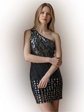 Alice + Olivia Black One-Shoulder Sequin Cocktail Dress